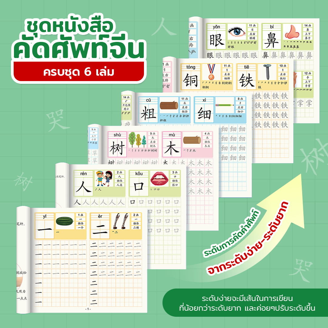 ตัวอย่างแบบฝึกคัดอักษรจีน เรียงจากตัวอักษรที่มีขีดน้อยไปมาก พร้อมช่องตารางฝึกเขียน