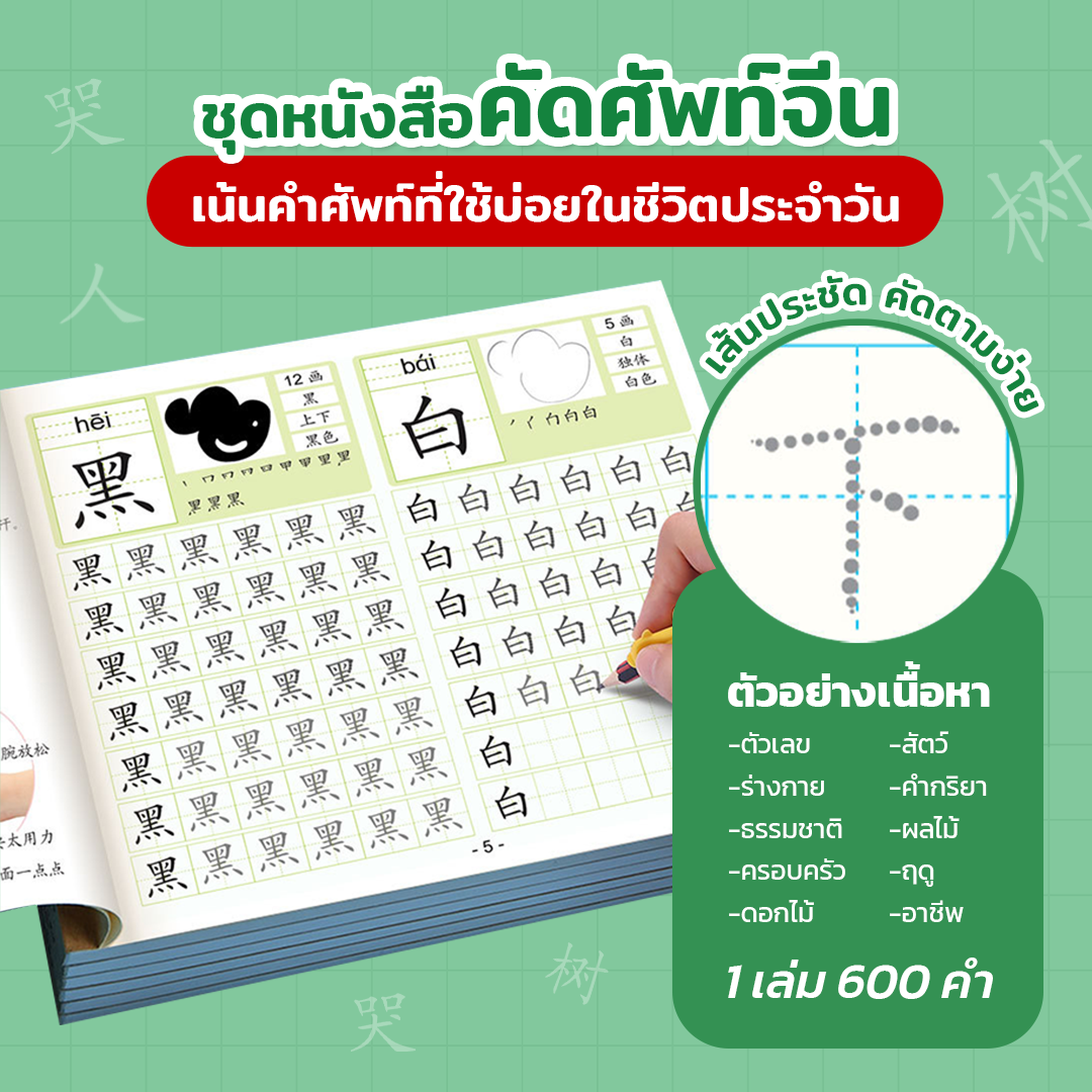 ตัวอย่างหน้าฝึกคัดคำศัพท์จีน 黑 สีดำ และ 白 สีขาว พร้อมพินอิน ภาพประกอบ และอักษรเส้นประ